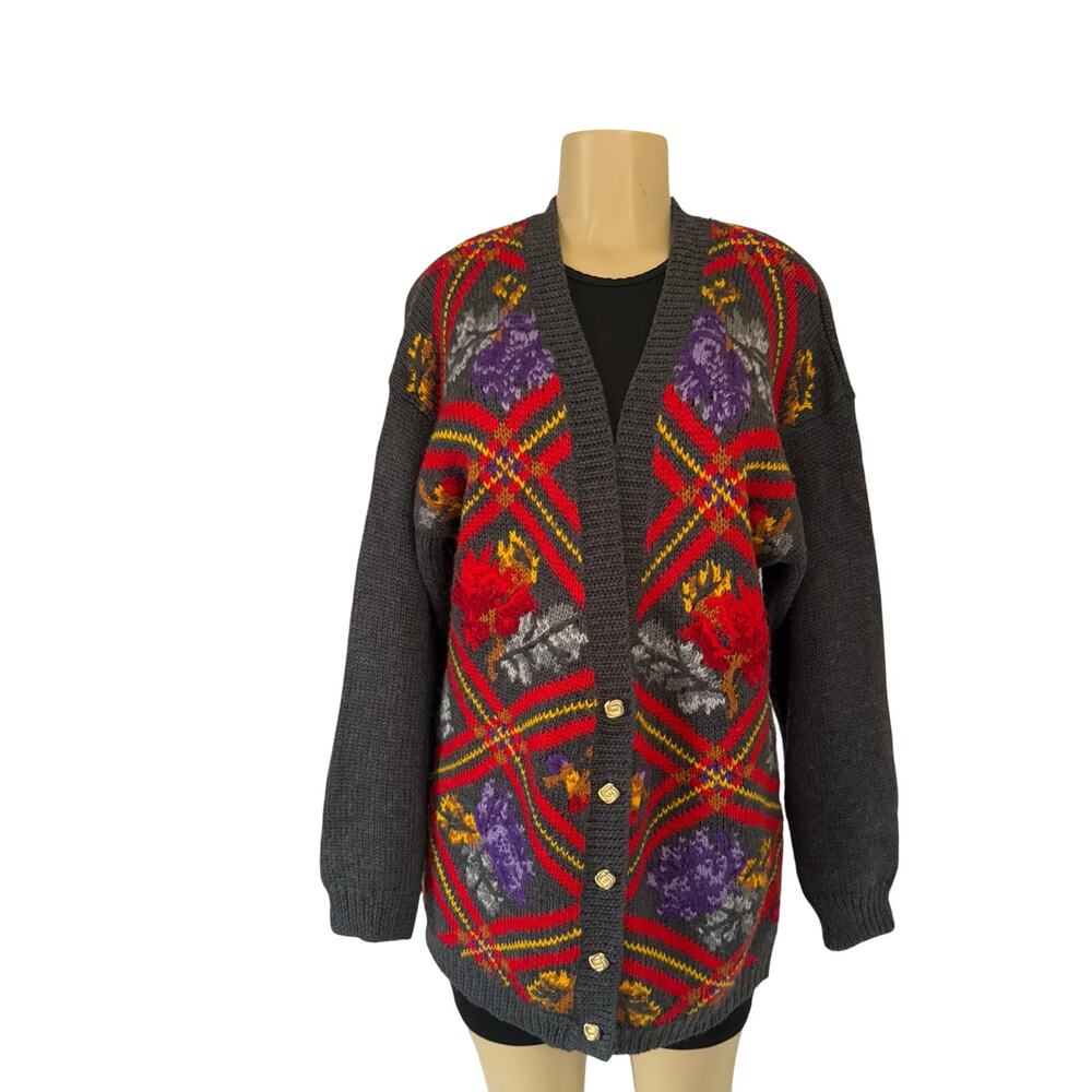 SK & Company Vintage 80s chunky oversized Gray Flower Crochet Cardigan Wool Sz L